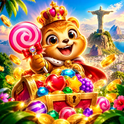Card do slot Sweet Bonanza com doces coloridos e multiplicadores